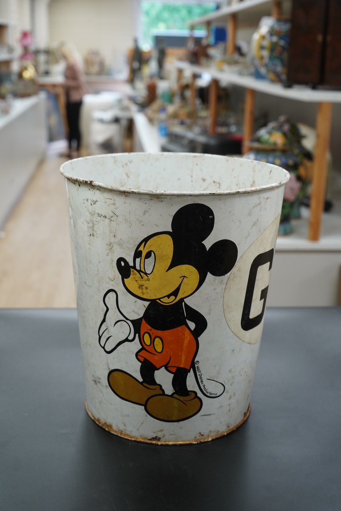 Two Nora Welling monkey soft toys, largest 38cm long and another felt made monkey together with a miniature Windsor chair and Disney Micky Mouse metal waste bin